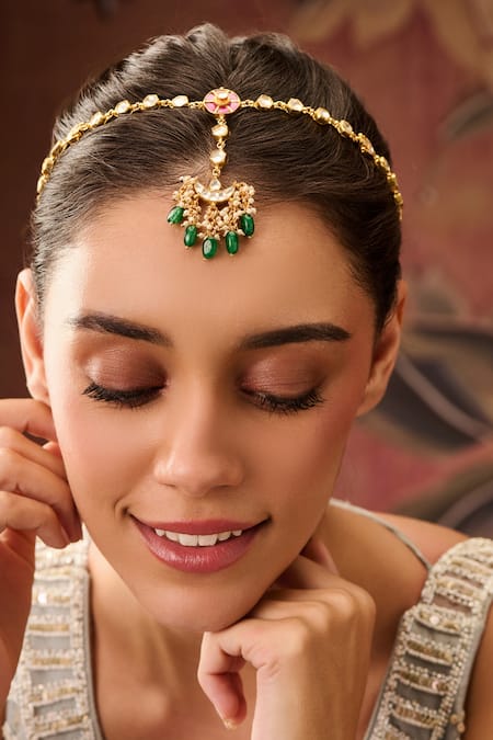 Paisley Pop_Green Pearls, Lace, Stones, Zari Crescent Kundan Mathapatti _Online_at_Aza_Fashions