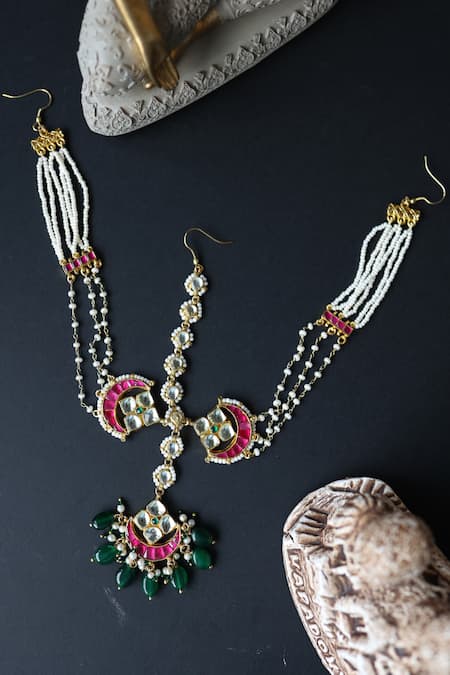 Shop Paisley Pop Red Crescent Bloom Kundan Mathapatti at Aza Fashions Shop_Paisley Pop_Red Crescent Bloom Kundan Mathapatti _at_Aza_Fashions