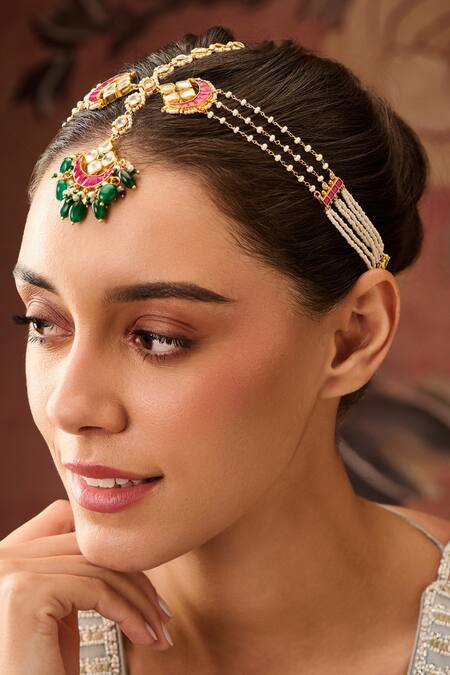 Paisley Pop Red Crescent Bloom Kundan Mathapatti Online at Aza Fashions Paisley Pop_Red Crescent Bloom Kundan Mathapatti _Online_at_Aza_Fashions