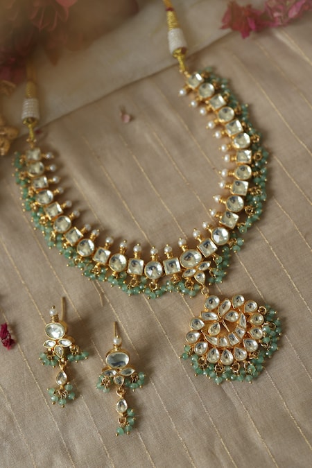 Shop Paisley Pop Green Pearls Onyx Embellished Necklace Set at Aza Fashions Shop_Paisley Pop_Green Pearls Onyx Embellished Necklace Set _at_Aza_Fashions