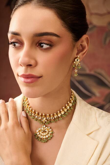 Paisley Pop Green Pearls Onyx Embellished Necklace Set Online at Aza Fashions Paisley Pop_Green Pearls Onyx Embellished Necklace Set _Online_at_Aza_Fashions