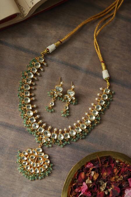 Shop Paisley Pop Green Pearls Onyx Embellished Necklace Set Online at Aza Fashions Shop_Paisley Pop_Green Pearls Onyx Embellished Necklace Set _Online_at_Aza_Fashions