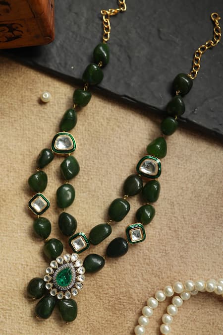 Paisley Pop Green Polki And Natural Stone Necklace Online at Aza Fashions Paisley Pop_Green Polki And Natural Stone Necklace _Online_at_Aza_Fashions