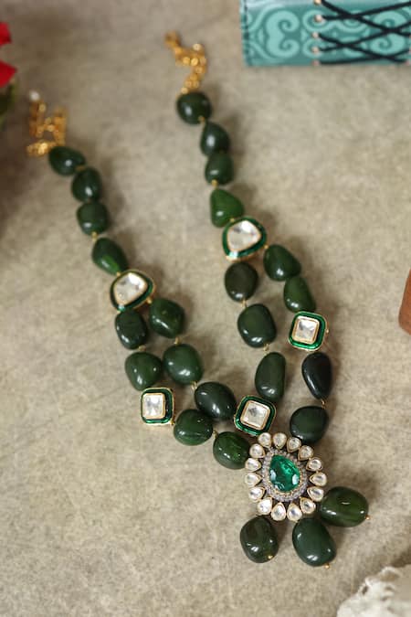Shop Paisley Pop Green Polki And Natural Stone Necklace at Aza Fashions Shop_Paisley Pop_Green Polki And Natural Stone Necklace _at_Aza_Fashions