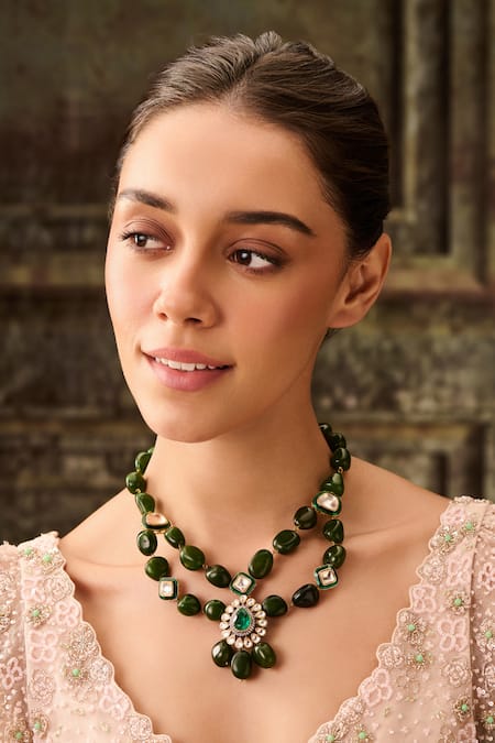 Buy Paisley Pop Green Polki And Natural Stone Necklace Online at Aza Fashions Buy_Paisley Pop_Green Polki And Natural Stone Necklace _Online_at_Aza_Fashions