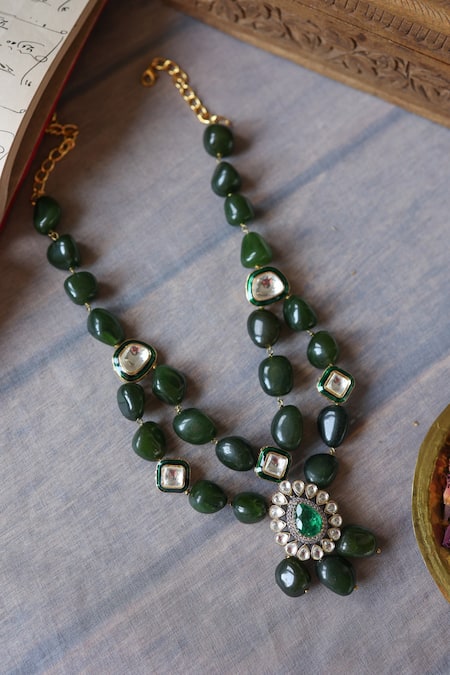 Shop Paisley Pop Green Polki And Natural Stone Necklace Online at Aza Fashions Shop_Paisley Pop_Green Polki And Natural Stone Necklace _Online_at_Aza_Fashions