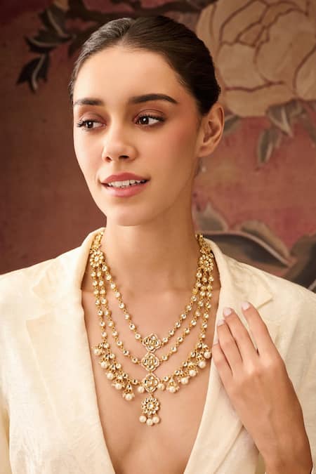 Paisley Pop_Gold Plated Kundan And Pearl Embellished Long Necklace _Online_at_Aza_Fashions