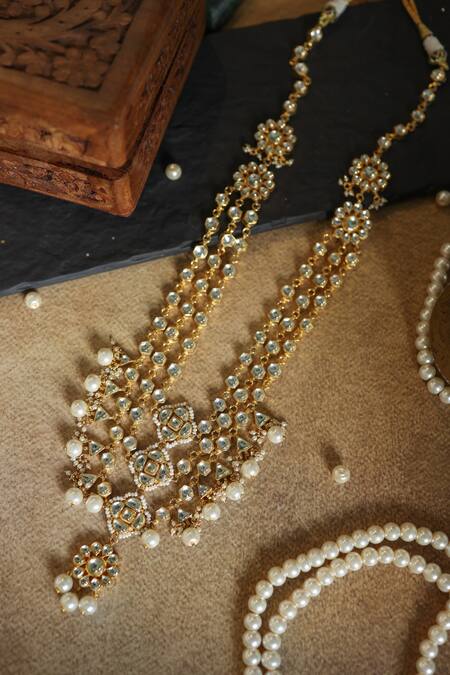 Buy_Paisley Pop_Gold Plated Kundan And Pearl Embellished Long Necklace _Online_at_Aza_Fashions