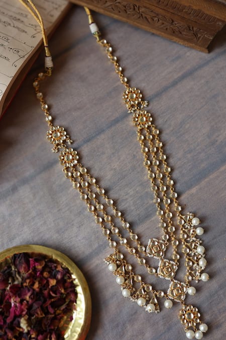 Shop_Paisley Pop_Gold Plated Kundan And Pearl Embellished Long Necklace _Online_at_Aza_Fashions