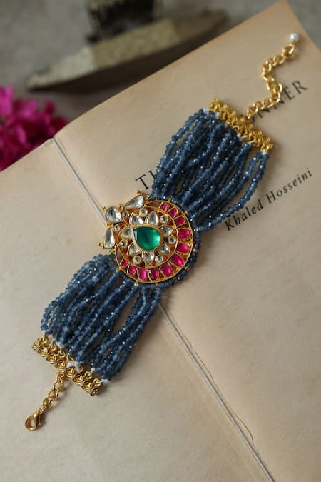 Paisley Pop_Blue Crystals, Stones, Embroidery Kundan And Onyx Designer Bracelet _Online_at_Aza_Fashions
