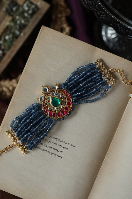 Buy_Paisley Pop_Blue Crystals, Stones, Embroidery Kundan And Onyx Designer Bracelet _Online_at_Aza_Fashions