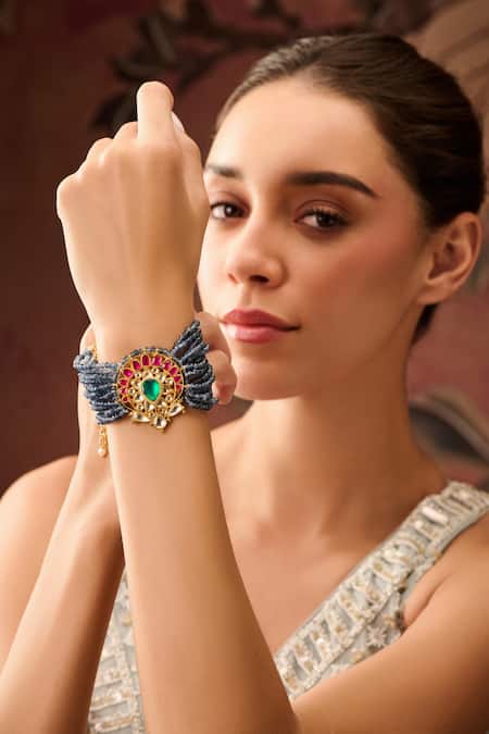 Shop_Paisley Pop_Blue Crystals, Stones, Embroidery Kundan And Onyx Designer Bracelet _Online_at_Aza_Fashions