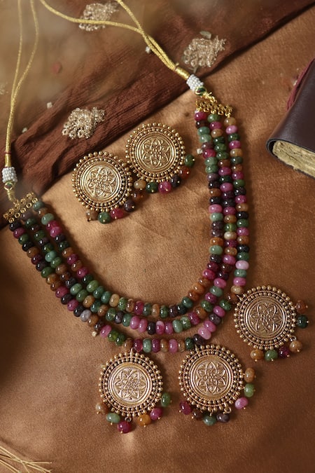Buy Paisley Pop Multi Color Stones Tourmaline Necklace Set Online at Aza Fashions Buy_Paisley Pop_Multi Color Stones Tourmaline Necklace Set _Online_at_Aza_Fashions