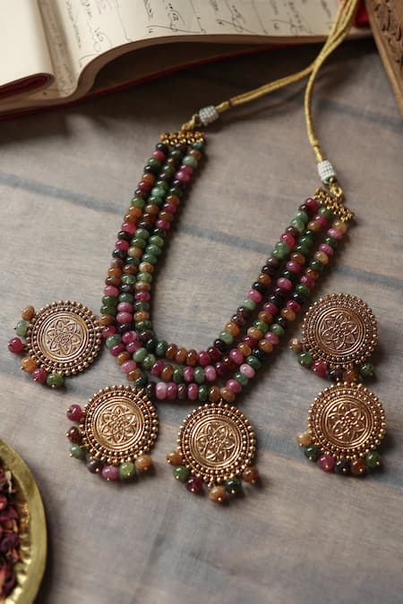 Shop Paisley Pop Multi Color Stones Tourmaline Necklace Set at Aza Fashions Shop_Paisley Pop_Multi Color Stones Tourmaline Necklace Set _at_Aza_Fashions