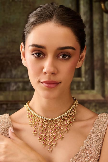 Paisley Pop_Red Pearls, Beads Kundan And Jaal Necklace _Online_at_Aza_Fashions