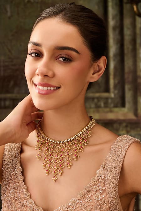 Buy_Paisley Pop_Red Pearls, Beads Kundan And Jaal Necklace _Online_at_Aza_Fashions