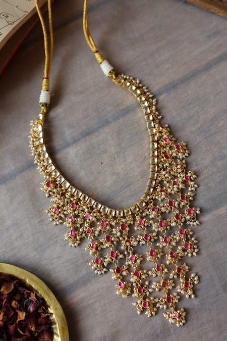 Shop_Paisley Pop_Red Pearls, Beads Kundan And Jaal Necklace _Online_at_Aza_Fashions