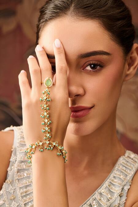 Buy_Paisley Pop_Green Kundan Pearl Embellished Haathphool _Online_at_Aza_Fashions
