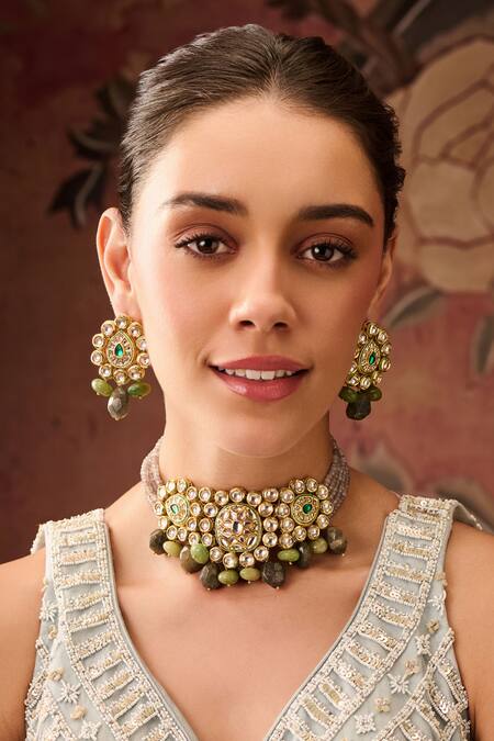 Paisley Pop_Green Lace, Stones, Pearls Kundan Onyx Floral Choker Set _Online_at_Aza_Fashions