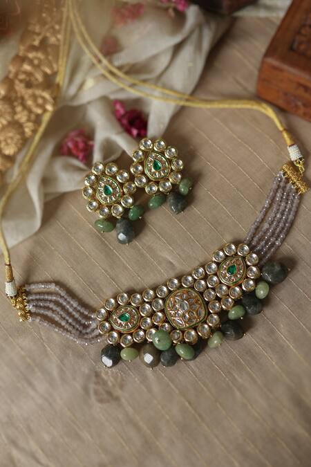 Shop_Paisley Pop_Green Lace, Stones, Pearls Kundan Onyx Floral Choker Set _Online_at_Aza_Fashions