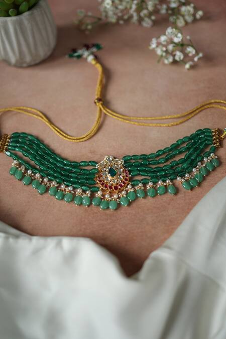 Paisley Pop Green Pearls Kundan And Natural Stone Choker Necklace Online at Aza Fashions Paisley Pop_Green Pearls Kundan And Natural Stone Choker Necklace _Online_at_Aza_Fashions