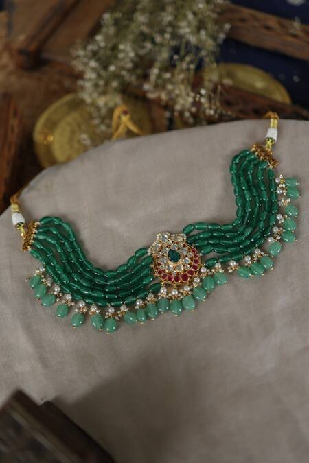 Buy Paisley Pop Green Pearls Kundan And Natural Stone Choker Necklace Online at Aza Fashions Buy_Paisley Pop_Green Pearls Kundan And Natural Stone Choker Necklace _Online_at_Aza_Fashions