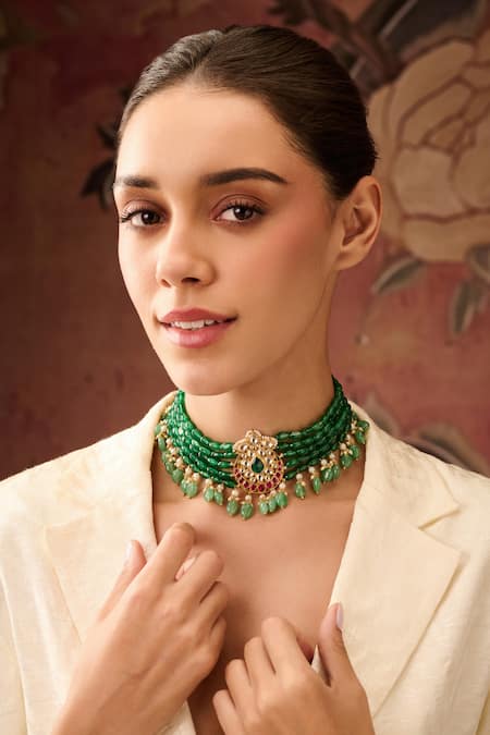Shop Paisley Pop Green Pearls Kundan And Natural Stone Choker Necklace Online at Aza Fashions Shop_Paisley Pop_Green Pearls Kundan And Natural Stone Choker Necklace _Online_at_Aza_Fashions