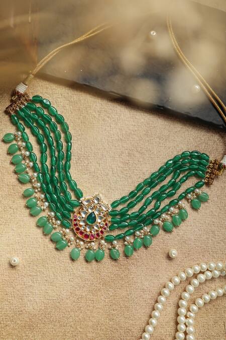 Paisley Pop Green Pearls Kundan And Natural Stone Choker Necklace at Aza Fashions Paisley Pop_Green Pearls Kundan And Natural Stone Choker Necklace _at_Aza_Fashions