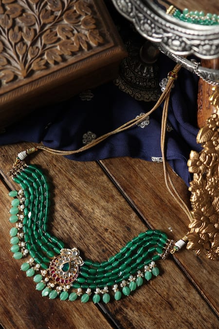 Shop Paisley Pop Green Pearls Kundan And Natural Stone Choker Necklace at Aza Fashions Shop_Paisley Pop_Green Pearls Kundan And Natural Stone Choker Necklace _at_Aza_Fashions