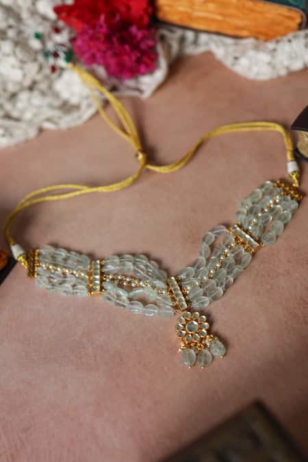 Shop Paisley Pop Green Pearls Kundan Embellished Floral Choker Necklace at Aza Fashions Shop_Paisley Pop_Green Pearls Kundan Embellished Floral Choker Necklace _at_Aza_Fashions