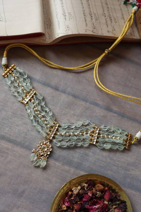 Shop Paisley Pop Green Pearls Kundan Embellished Floral Choker Necklace Online at Aza Fashions Shop_Paisley Pop_Green Pearls Kundan Embellished Floral Choker Necklace _Online_at_Aza_Fashions