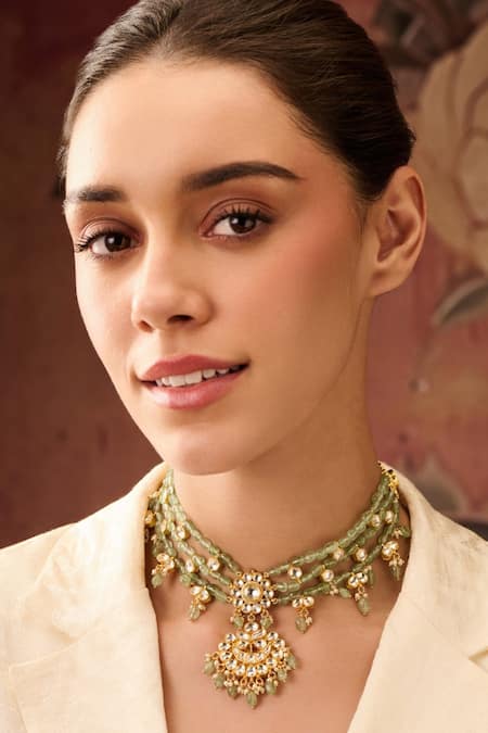 Paisley Pop_Green Bahar Kundan Choker Necklace _Online_at_Aza_Fashions