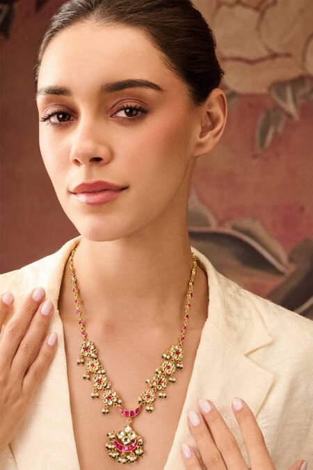 Paisley Pop Red Crescent Pearl And Kundan Necklace Online at Aza Fashions Paisley Pop_Red Crescent Pearl And Kundan Necklace _Online_at_Aza_Fashions