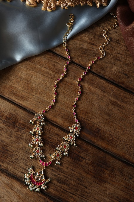 Shop Paisley Pop Red Crescent Pearl And Kundan Necklace at Aza Fashions Shop_Paisley Pop_Red Crescent Pearl And Kundan Necklace _at_Aza_Fashions