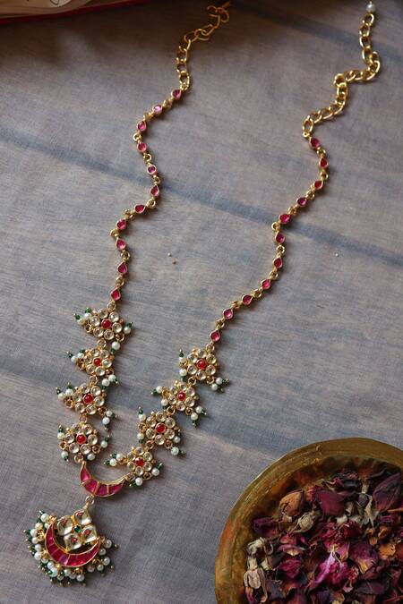 Shop Paisley Pop Red Crescent Pearl And Kundan Necklace Online at Aza Fashions Shop_Paisley Pop_Red Crescent Pearl And Kundan Necklace _Online_at_Aza_Fashions