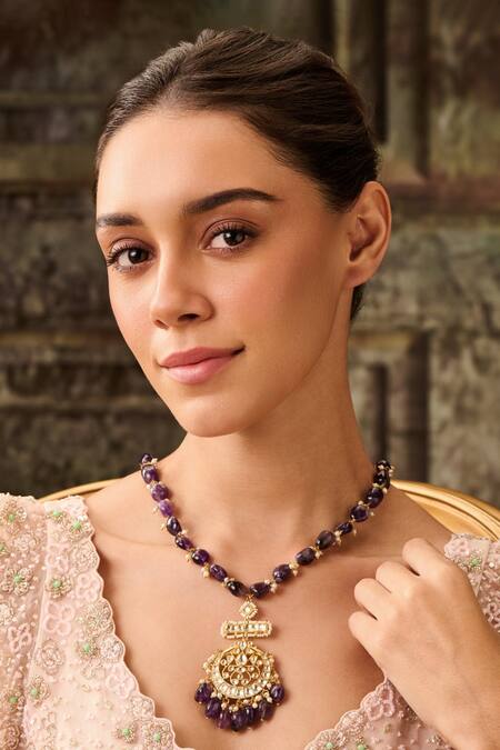 Buy Paisley Pop Purple Kundan Amethyst Stone Pendant Necklace Online at Aza Fashions Buy_Paisley Pop_Purple Kundan Amethyst Stone Pendant Necklace _Online_at_Aza_Fashions