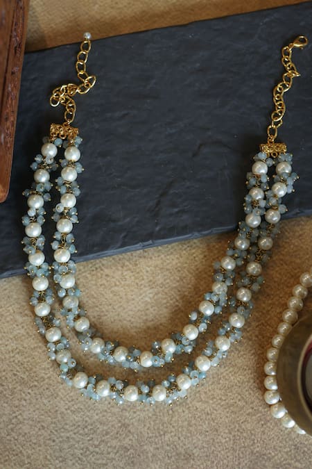 Shop Paisley Pop Blue Pearls, Stones Layered And Onyx Necklace at Aza Fashions Shop_Paisley Pop_Blue Pearls, Stones Layered And Onyx Necklace _at_Aza_Fashions