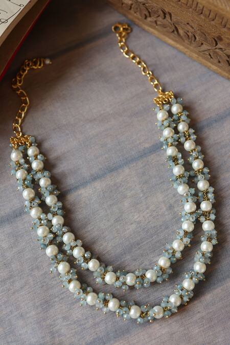 Shop Paisley Pop Blue Pearls, Stones Layered And Onyx Necklace Online at Aza Fashions Shop_Paisley Pop_Blue Pearls, Stones Layered And Onyx Necklace _Online_at_Aza_Fashions