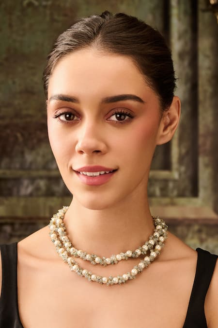 Paisley Pop Blue Pearls, Stones Layered And Onyx Necklace 