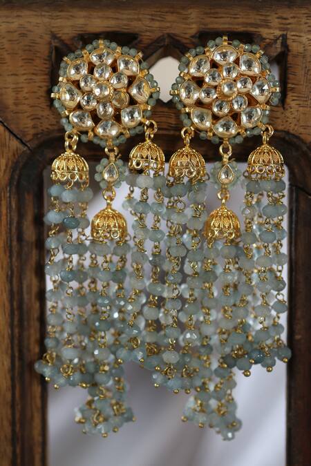 Paisley Pop Blue Stones, Zari Kundan Embellished Jhumkas Online at Aza Fashions Paisley Pop_Blue Stones, Zari Kundan Embellished Jhumkas _Online_at_Aza_Fashions