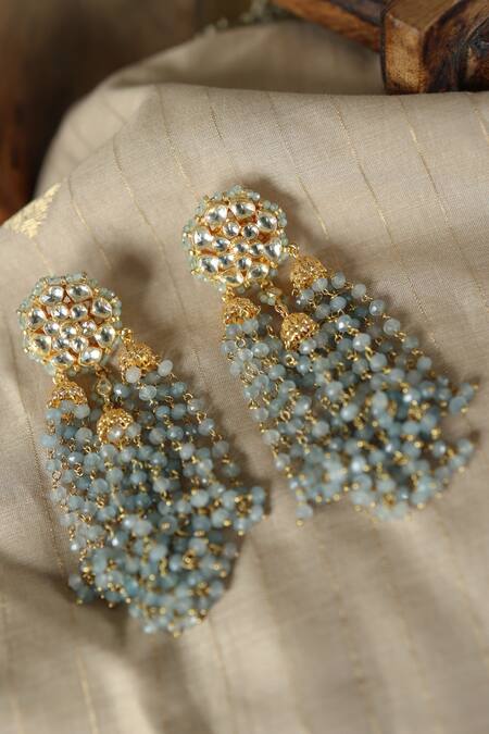 Buy Paisley Pop Blue Stones, Zari Kundan Embellished Jhumkas Online at Aza Fashions Buy_Paisley Pop_Blue Stones, Zari Kundan Embellished Jhumkas _Online_at_Aza_Fashions