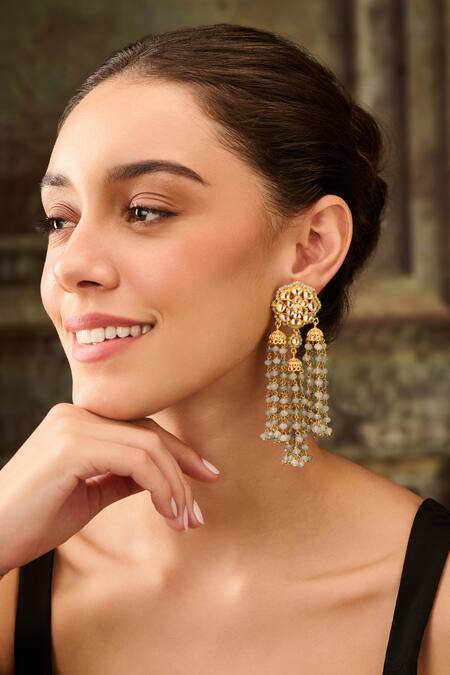 Shop Paisley Pop Blue Stones, Zari Kundan Embellished Jhumkas Online at Aza Fashions Shop_Paisley Pop_Blue Stones, Zari Kundan Embellished Jhumkas _Online_at_Aza_Fashions