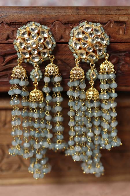 Shop Paisley Pop Blue Stones, Zari Kundan Embellished Jhumkas at Aza Fashions Shop_Paisley Pop_Blue Stones, Zari Kundan Embellished Jhumkas _at_Aza_Fashions
