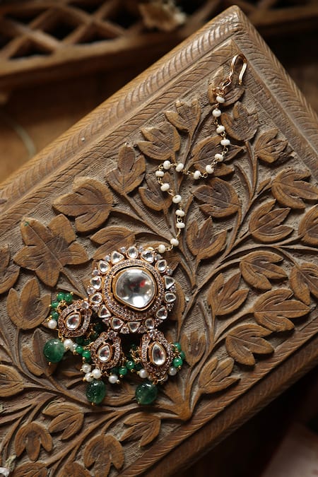Shop_Paisley Pop_Green Polki Stone Maangtikka _Online_at_Aza_Fashions