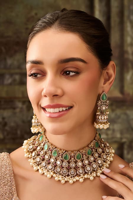 Paisley Pop Green Pearls Mint Polki Choker Set Online at Aza Fashions Paisley Pop_Green Pearls Mint Polki Choker Set _Online_at_Aza_Fashions