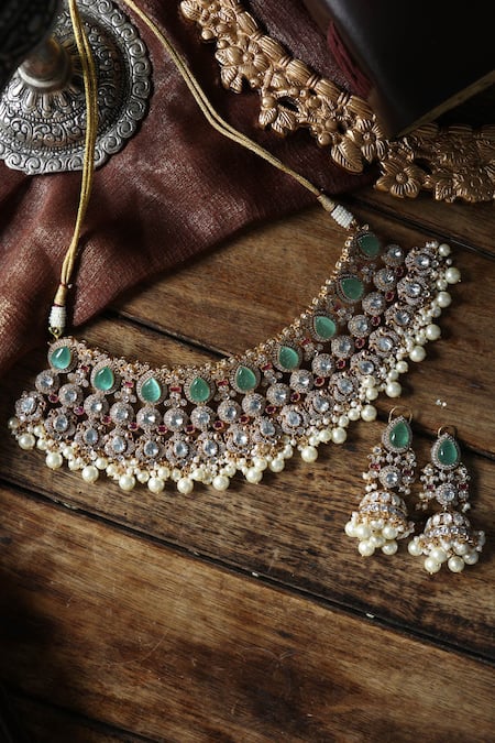 Shop Paisley Pop Green Pearls Mint Polki Choker Set at Aza Fashions Shop_Paisley Pop_Green Pearls Mint Polki Choker Set _at_Aza_Fashions