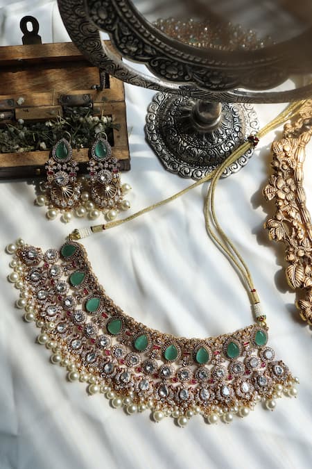 Buy Paisley Pop Green Pearls Mint Polki Choker Set Online at Aza Fashions Buy_Paisley Pop_Green Pearls Mint Polki Choker Set _Online_at_Aza_Fashions