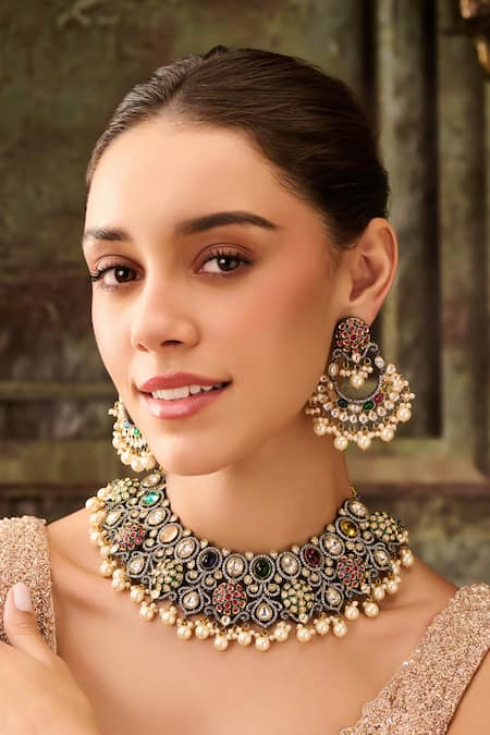 Buy_Paisley Pop_Multi Color Pearls Multicolor Polki Choker Set _Online_at_Aza_Fashions