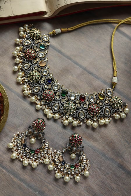 Shop_Paisley Pop_Multi Color Pearls Multicolor Polki Choker Set _Online_at_Aza_Fashions