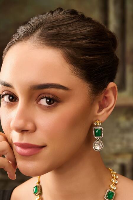 Paisley Pop Green Crystals, Stones Kundan Embellished Necklace Set Online at Aza Fashions Paisley Pop_Green Crystals, Stones Kundan Embellished Necklace Set _Online_at_Aza_Fashions